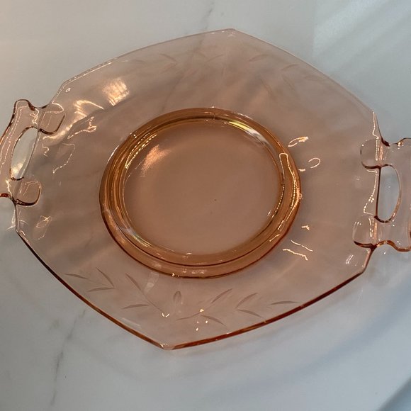 Pink Depression Glass Etched Tray with Handles - Picture 4 of 14